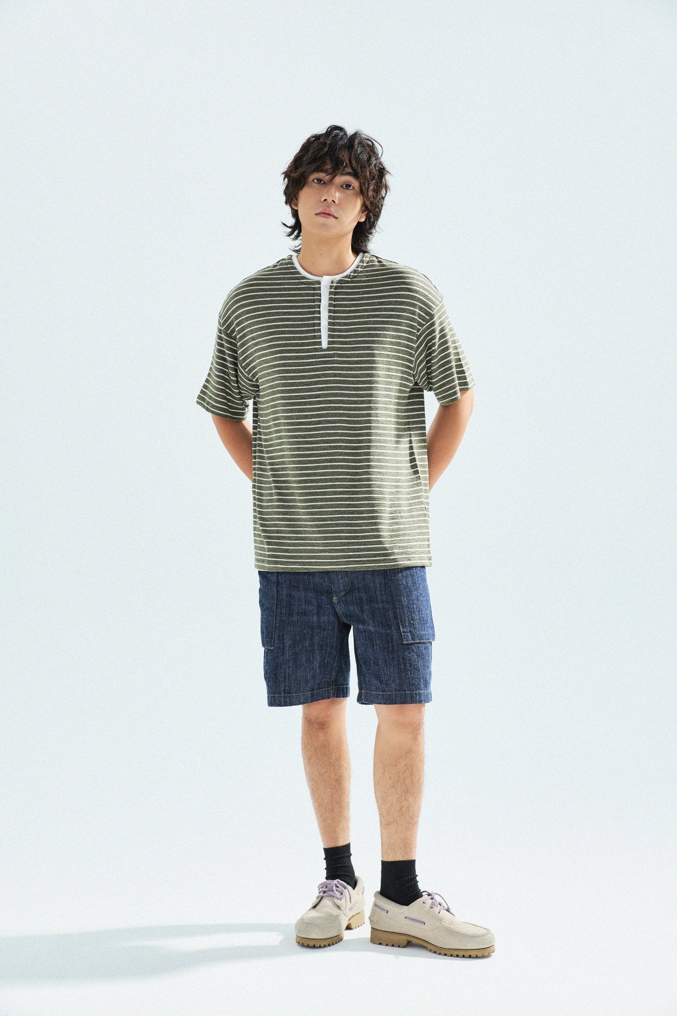 天竺棉假兩件亨利領T-Shirt（出岫色）Slub Cotton Faux Layered Henley T-Shirt（HILLSIDE GREEN） - Full House Denim & Workshop