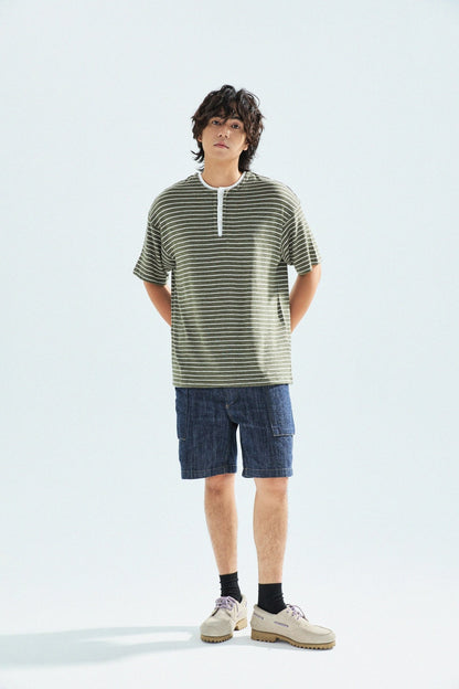 天竺棉假兩件亨利領T-Shirt（出岫色）Slub Cotton Faux Layered Henley T-Shirt（HILLSIDE GREEN） - Full House Denim & Workshop