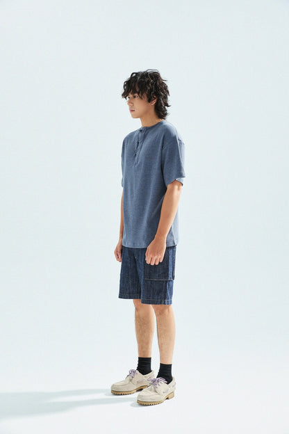 華夫格中式手工扣T-Shirt（蒼藍色）Waffle KF Button Boxy T-Shirt（BLUE） - Full House Denim & Workshop