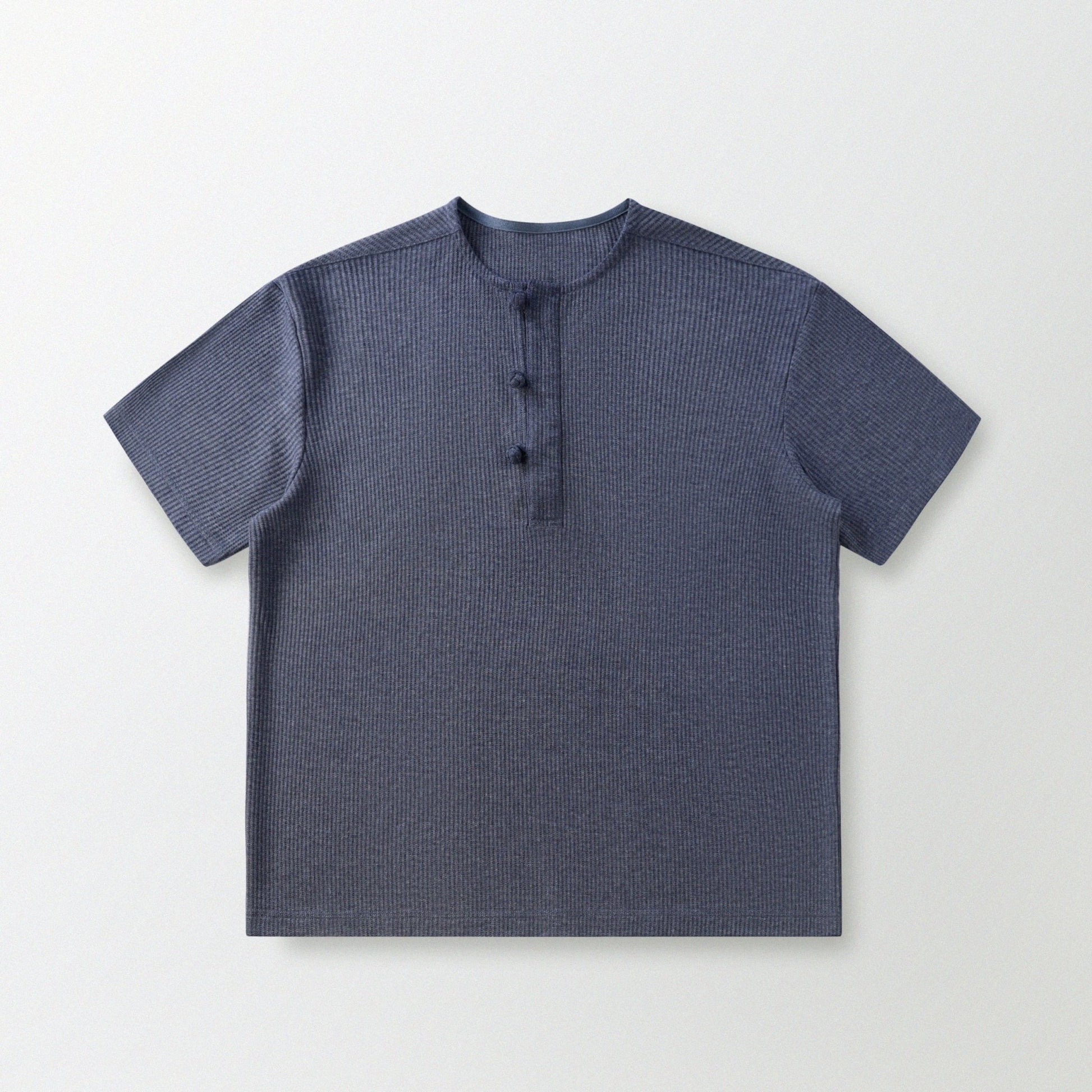 華夫格中式手工扣T-Shirt（蒼藍色）Waffle KF Button Boxy T-Shirt（BLUE） - Full House Denim & Workshop