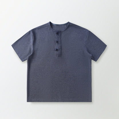 華夫格中式手工扣T-Shirt（蒼藍色）Waffle KF Button Boxy T-Shirt（BLUE） - Full House Denim & Workshop