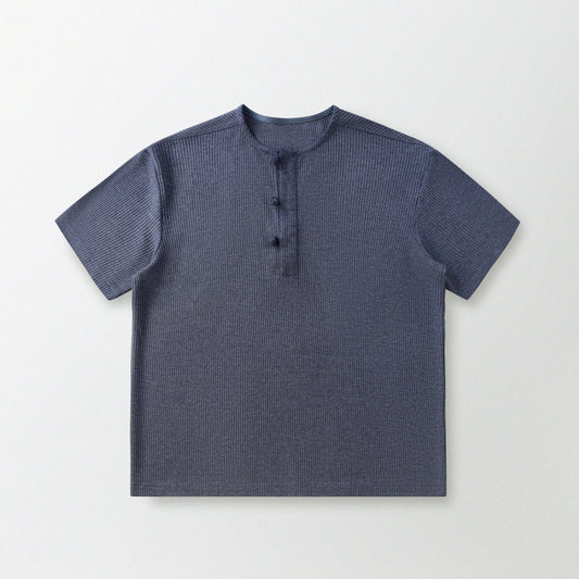 華夫格中式手工扣T-Shirt（蒼藍色）Waffle KF Button Boxy T-Shirt（BLUE） - Full House Denim & Workshop
