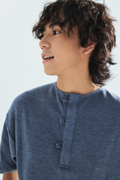 華夫格中式手工扣T-Shirt（蒼藍色）Waffle KF Button Boxy T-Shirt（BLUE） - Full House Denim & Workshop