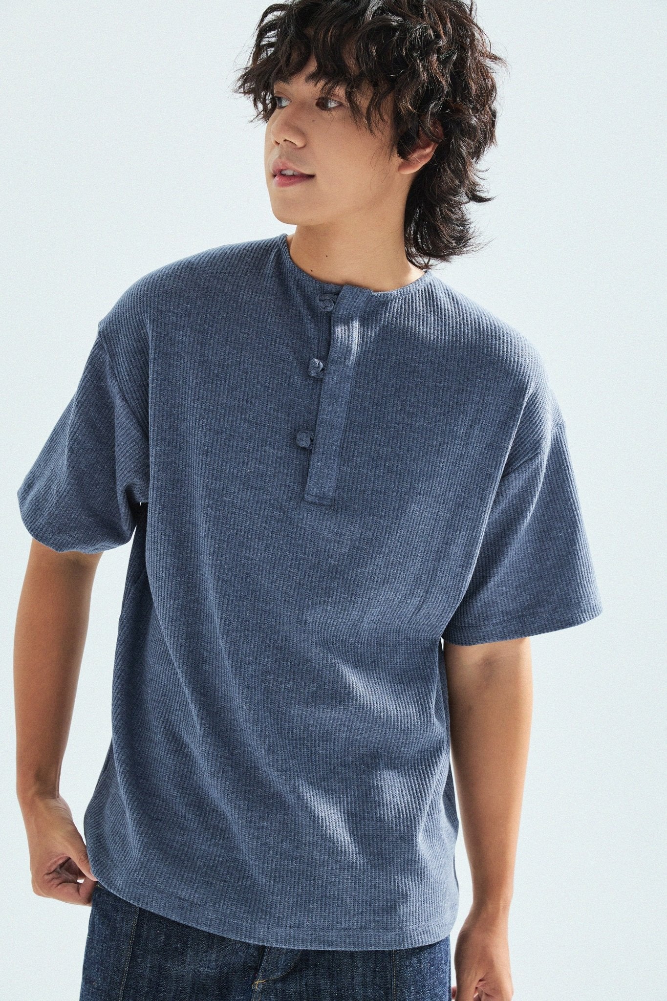 華夫格中式手工扣T-Shirt（蒼藍色）Waffle KF Button Boxy T-Shirt（BLUE） - Full House Denim & Workshop