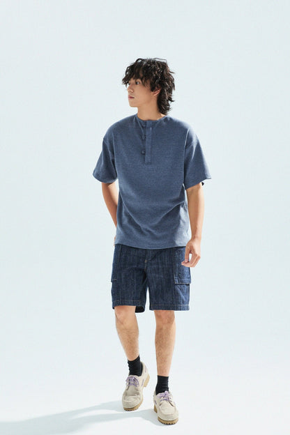 華夫格中式手工扣T-Shirt（蒼藍色）Waffle KF Button Boxy T-Shirt（BLUE） - Full House Denim & Workshop