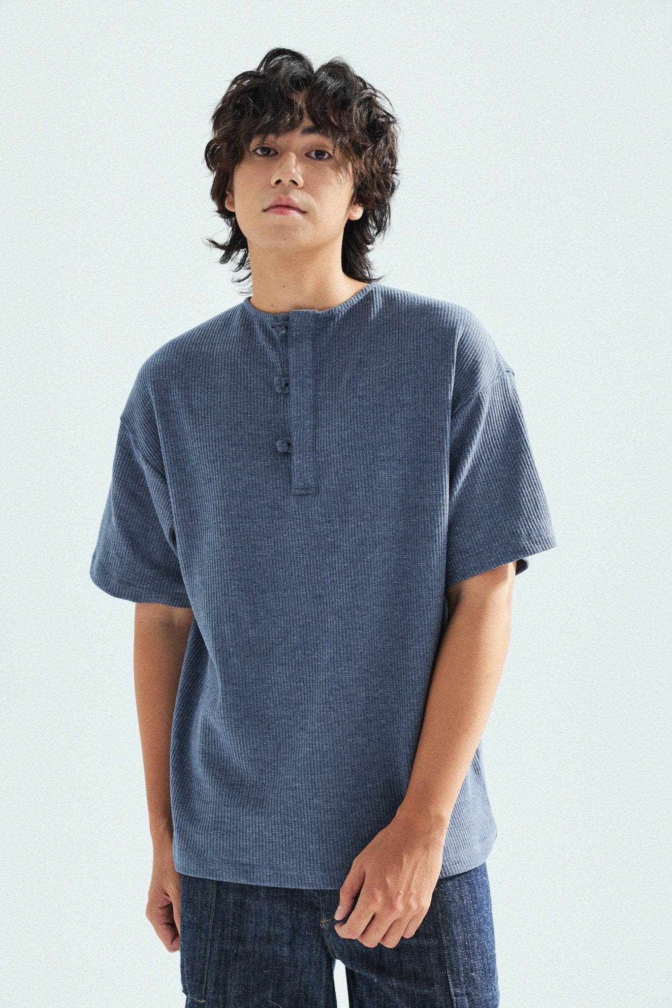 華夫格中式手工扣T-Shirt（蒼藍色）Waffle KF Button Boxy T-Shirt（BLUE） - Full House Denim & Workshop