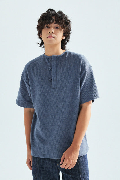 華夫格中式手工扣T-Shirt（蒼藍色）Waffle KF Button Boxy T-Shirt（BLUE） - Full House Denim & Workshop