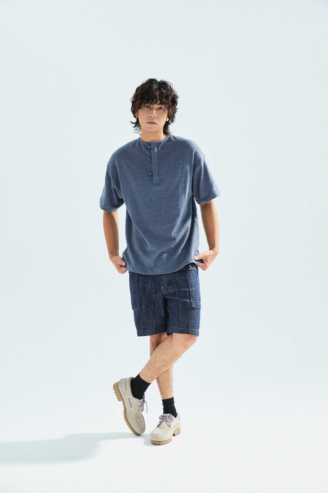 華夫格中式手工扣T-Shirt（蒼藍色）Waffle KF Button Boxy T-Shirt（BLUE） - Full House Denim & Workshop