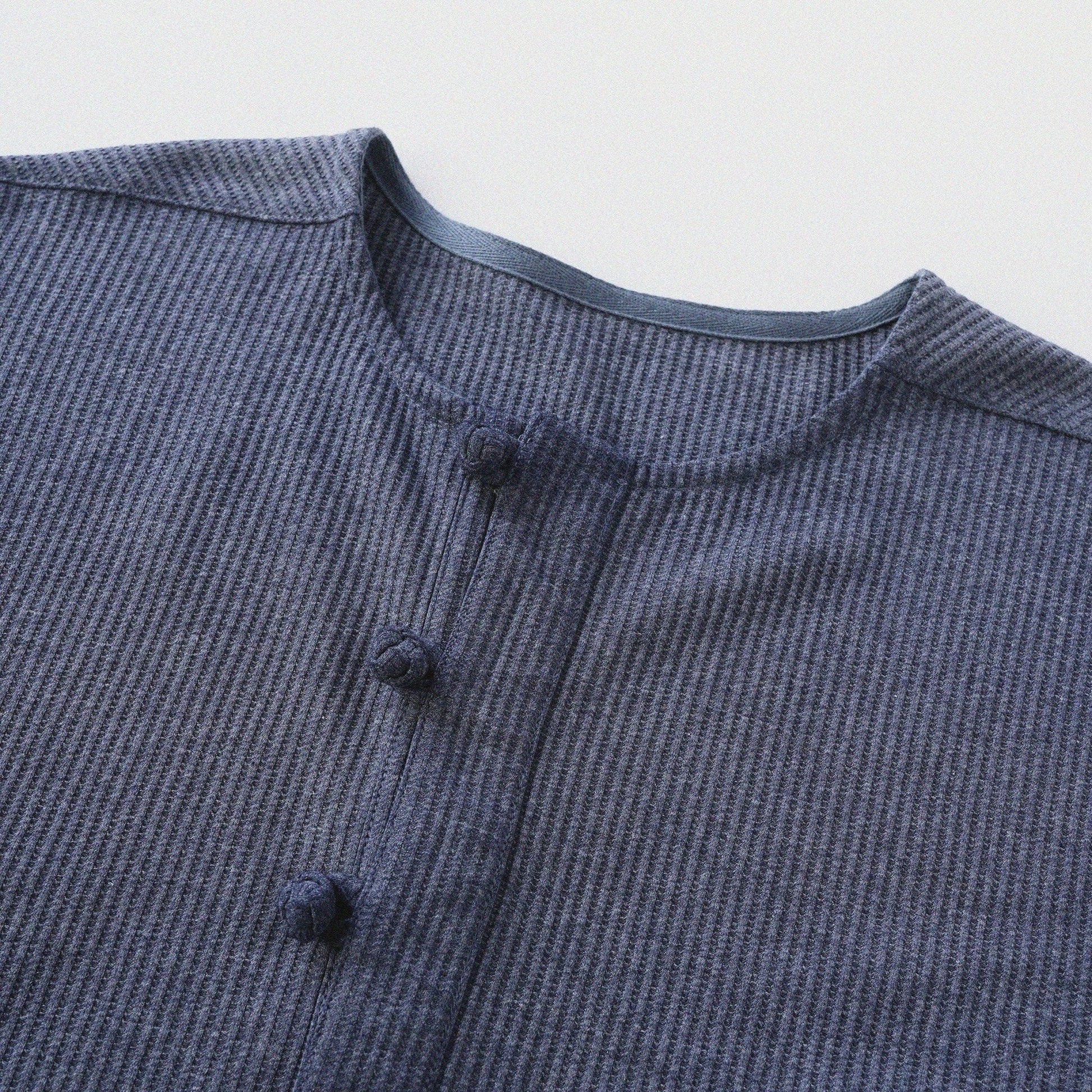 華夫格中式手工扣T-Shirt（蒼藍色）Waffle KF Button Boxy T-Shirt（BLUE） - Full House Denim & Workshop