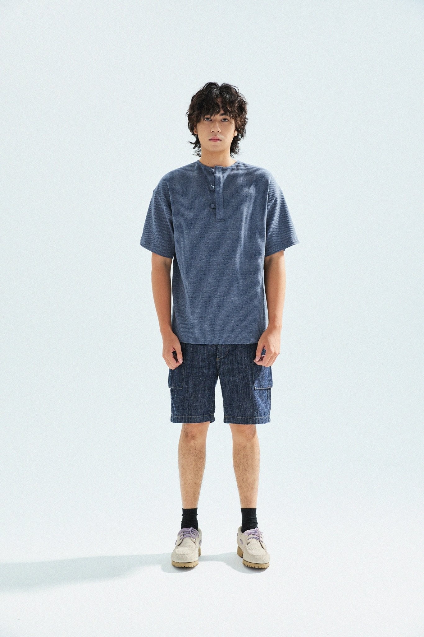 華夫格中式手工扣T-Shirt（蒼藍色）Waffle KF Button Boxy T-Shirt（BLUE） - Full House Denim & Workshop