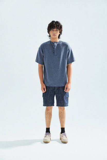 華夫格中式手工扣T-Shirt（蒼藍色）Waffle KF Button Boxy T-Shirt（BLUE） - Full House Denim & Workshop