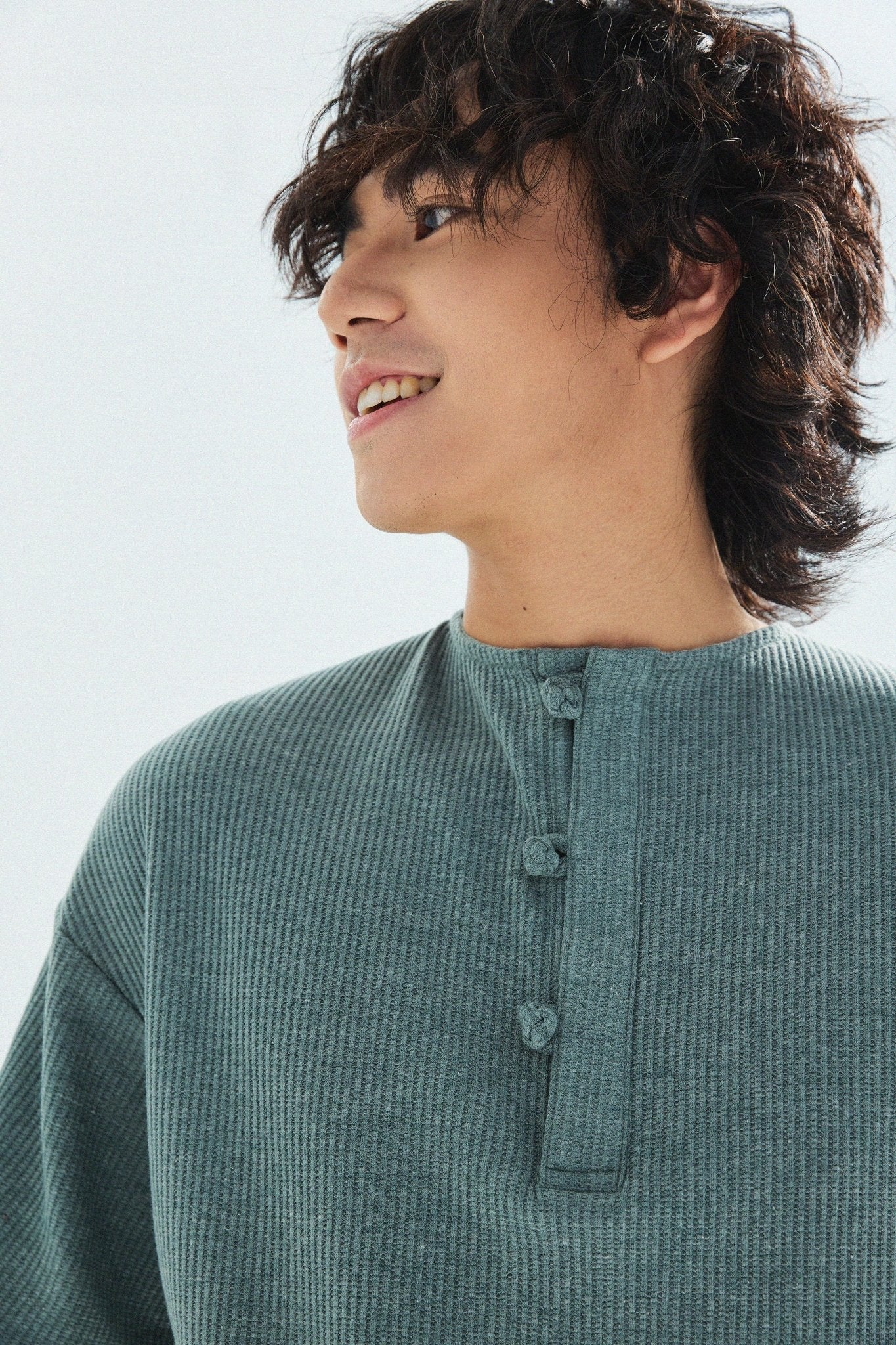 華夫格中式手工扣T-Shirt（瓦松綠色）Waffle KF Button Boxy T-Shirt（SLATE GREEN） - Full House Denim & Workshop