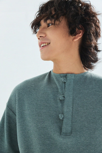 華夫格中式手工扣T-Shirt（瓦松綠色）Waffle KF Button Boxy T-Shirt（SLATE GREEN） - Full House Denim & Workshop