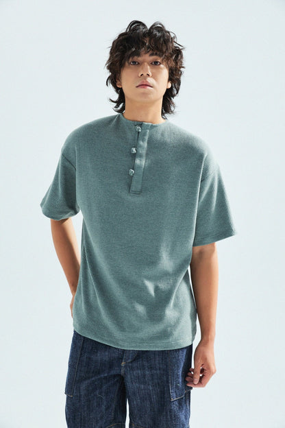 華夫格中式手工扣T-Shirt（瓦松綠色）Waffle KF Button Boxy T-Shirt（SLATE GREEN） - Full House Denim & Workshop