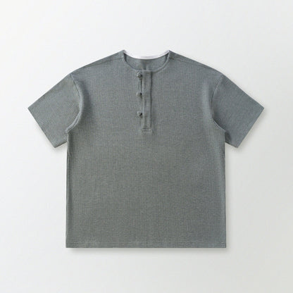 華夫格中式手工扣T-Shirt（瓦松綠色）Waffle KF Button Boxy T-Shirt（SLATE GREEN） - Full House Denim & Workshop
