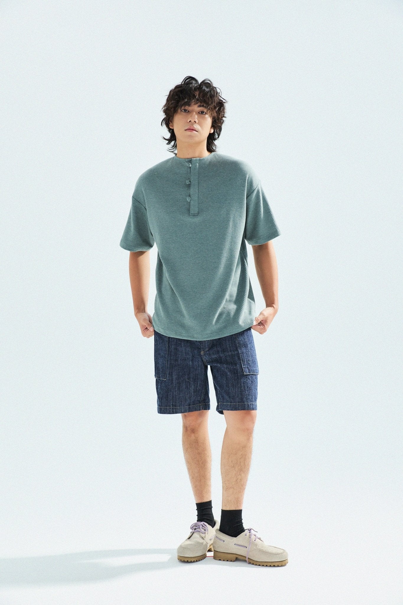 華夫格中式手工扣T-Shirt（瓦松綠色）Waffle KF Button Boxy T-Shirt（SLATE GREEN） - Full House Denim & Workshop