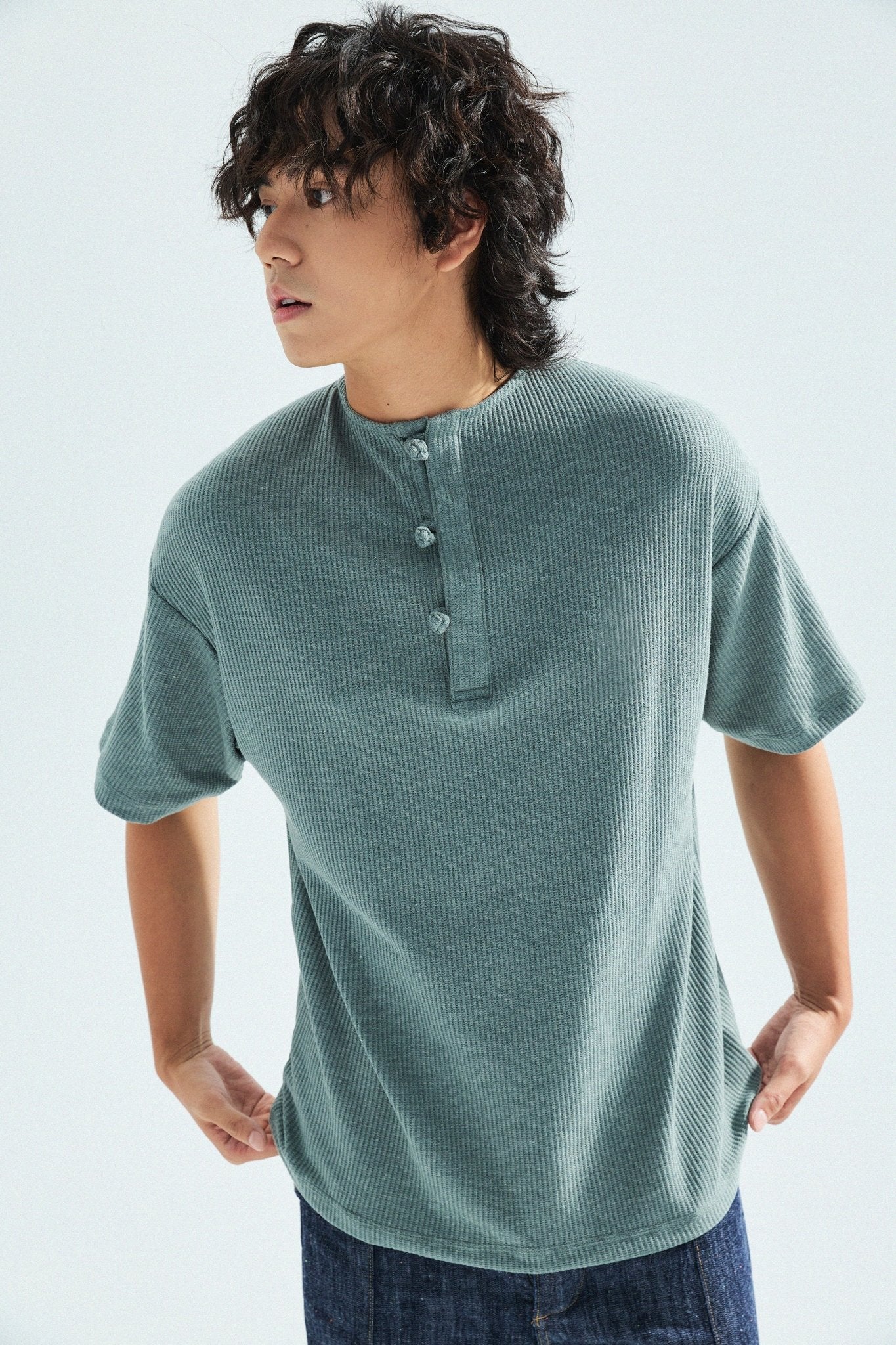 華夫格中式手工扣T-Shirt（瓦松綠色）Waffle KF Button Boxy T-Shirt（SLATE GREEN） - Full House Denim & Workshop