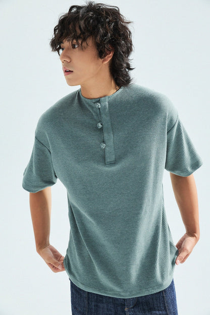 華夫格中式手工扣T-Shirt（瓦松綠色）Waffle KF Button Boxy T-Shirt（SLATE GREEN） - Full House Denim & Workshop