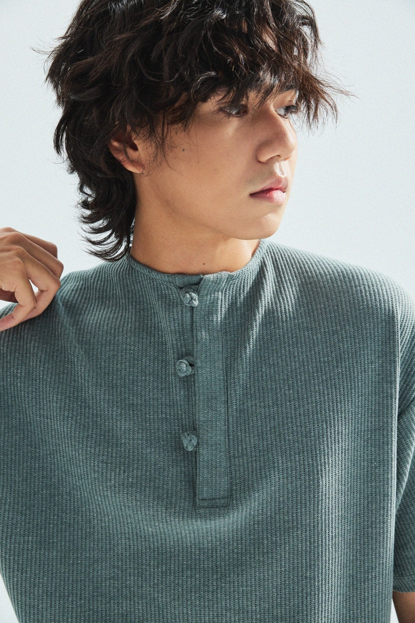 華夫格中式手工扣T-Shirt（瓦松綠色）Waffle KF Button Boxy T-Shirt（SLATE GREEN） - Full House Denim & Workshop