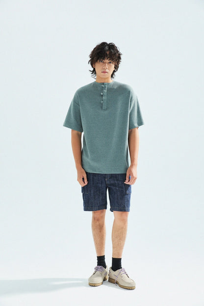 華夫格中式手工扣T-Shirt（瓦松綠色）Waffle KF Button Boxy T-Shirt（SLATE GREEN） - Full House Denim & Workshop