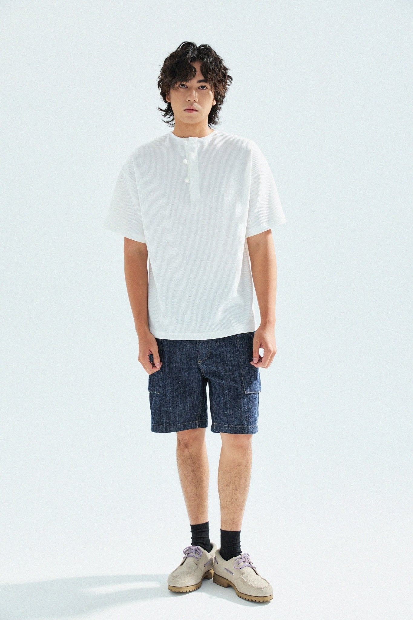 華夫格中式手工扣T-Shirt（雲峰白色）Waffle KF Button Boxy T-Shirt（White） - Full House Denim & Workshop