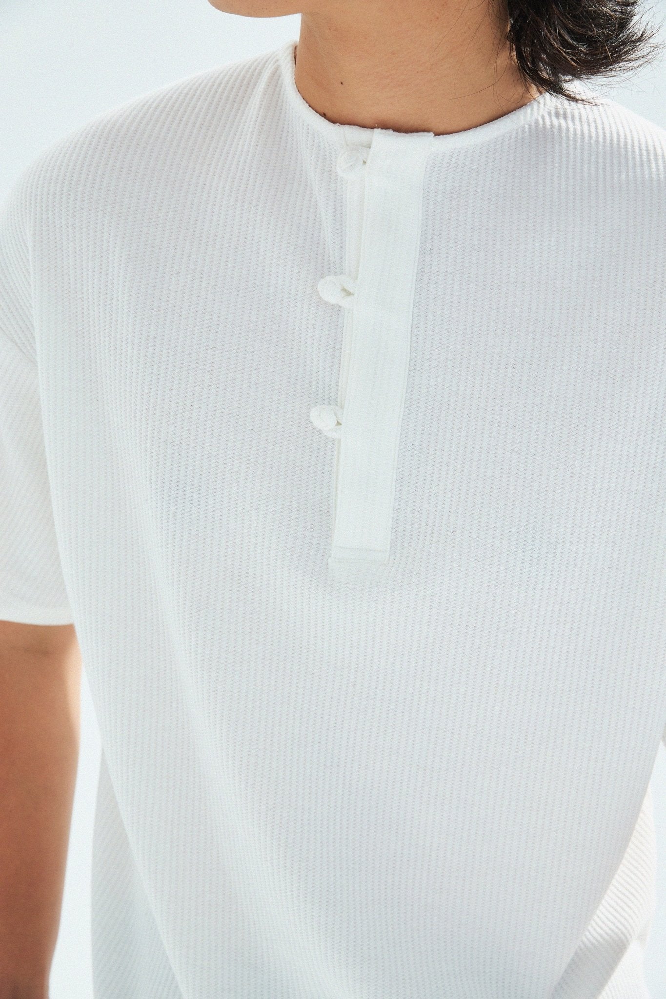 華夫格中式手工扣T-Shirt（雲峰白色）Waffle KF Button Boxy T-Shirt（White） - Full House Denim & Workshop