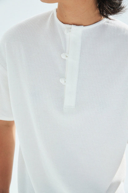 華夫格中式手工扣T-Shirt（雲峰白色）Waffle KF Button Boxy T-Shirt（White） - Full House Denim & Workshop