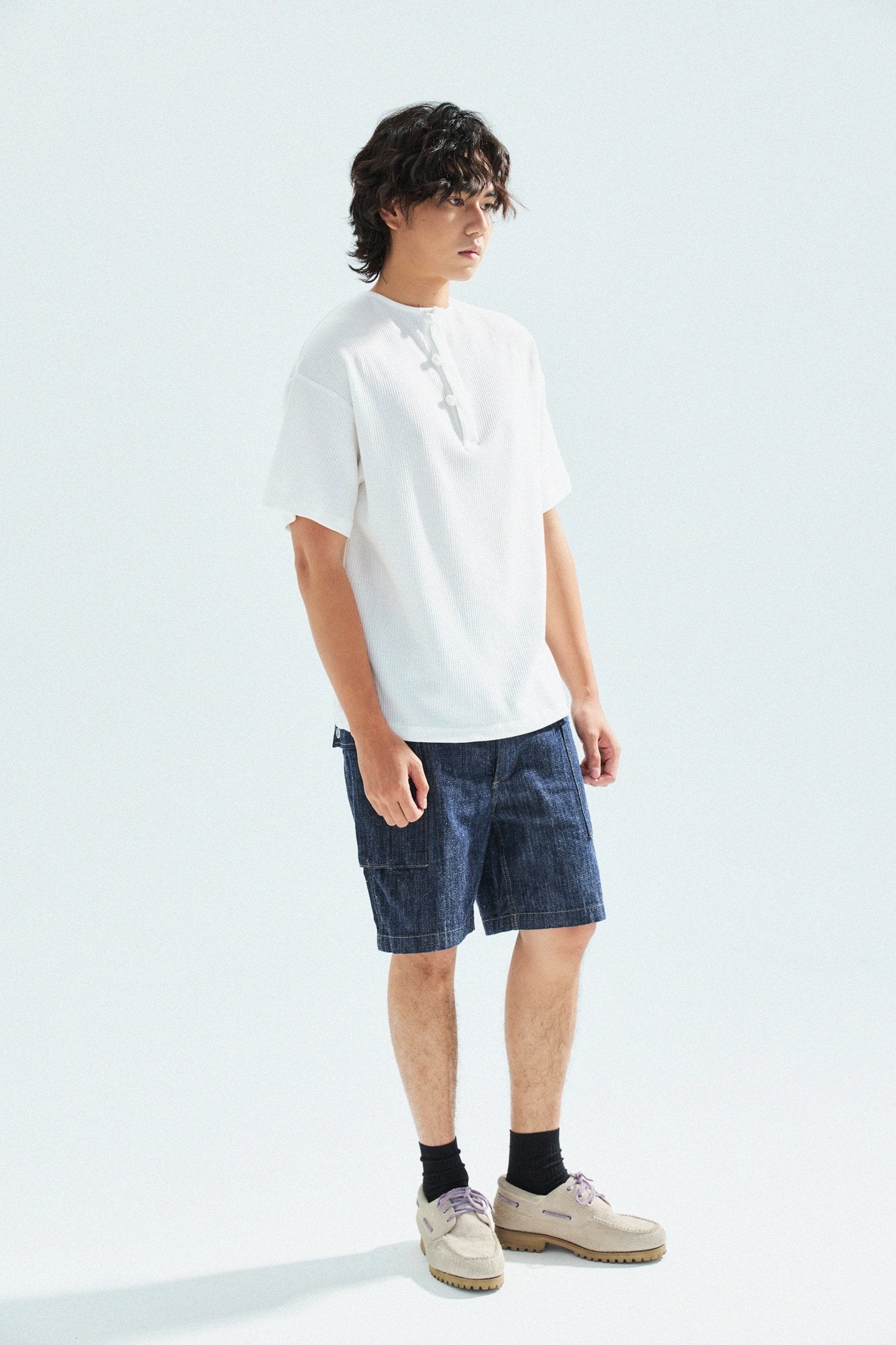 華夫格中式手工扣T-Shirt（雲峰白色）Waffle KF Button Boxy T-Shirt（White） - Full House Denim & Workshop