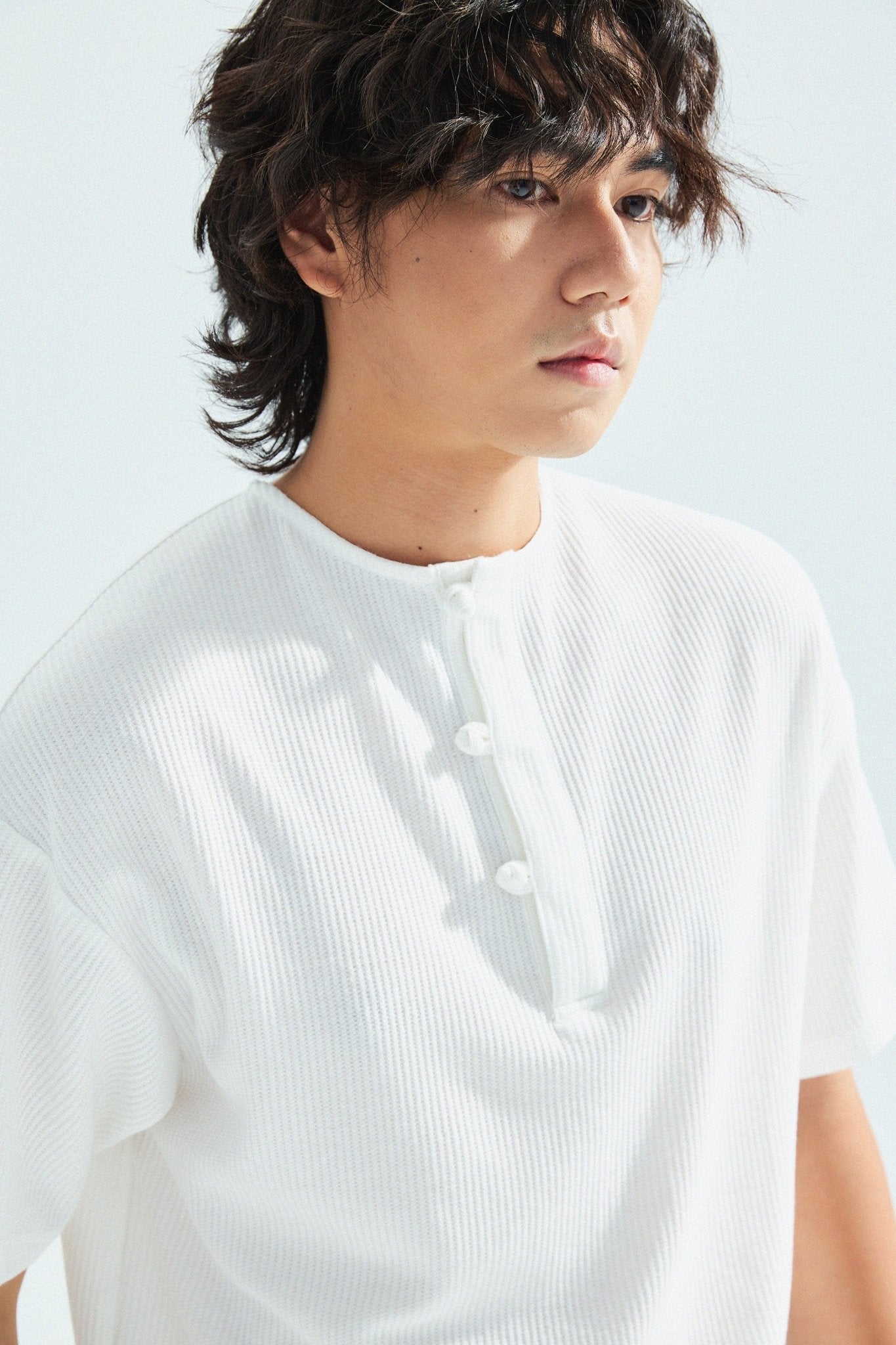 華夫格中式手工扣T-Shirt（雲峰白色）Waffle KF Button Boxy T-Shirt（White） - Full House Denim & Workshop