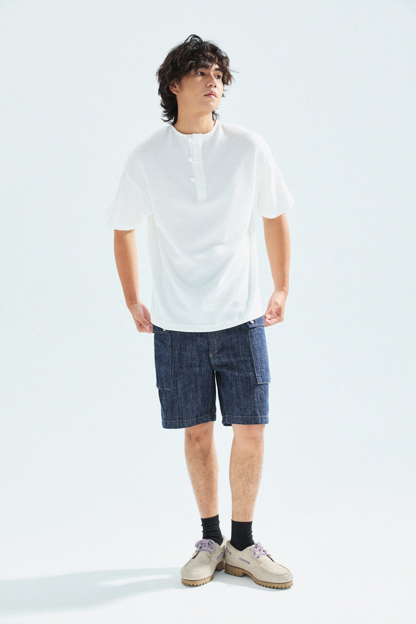 華夫格中式手工扣T-Shirt（雲峰白色）Waffle KF Button Boxy T-Shirt（White） - Full House Denim & Workshop