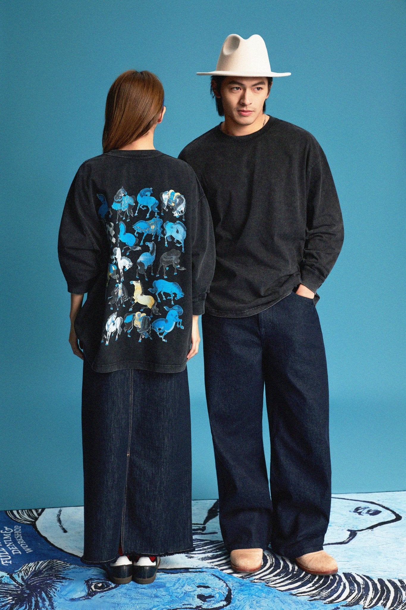 【勝つい戦馬】Ukiyo - e Horse Pattern Long Sleeves T-Shirt (Charcoal) - Full House Denim & Workshop