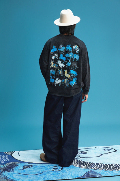 【勝つい戦馬】Ukiyo - e Horse Pattern Long Sleeves T-Shirt (Charcoal) - Full House Denim & Workshop