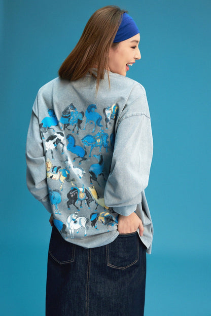 【勝つい戦馬】Ukiyo - e Horse Pattern Long Sleeves T-Shirt (Grey) - Full House Denim & Workshop