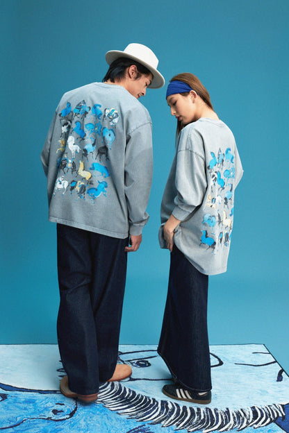 【勝つい戦馬】Ukiyo - e Horse Pattern Long Sleeves T-Shirt (Grey) - Full House Denim & Workshop