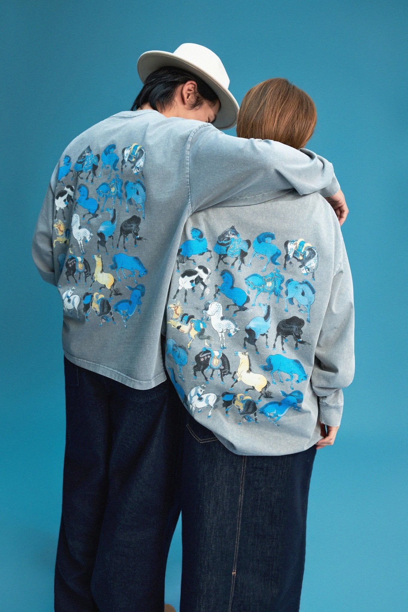 【勝つい戦馬】Ukiyo - e Horse Pattern Long Sleeves T-Shirt (Grey) - Full House Denim & Workshop