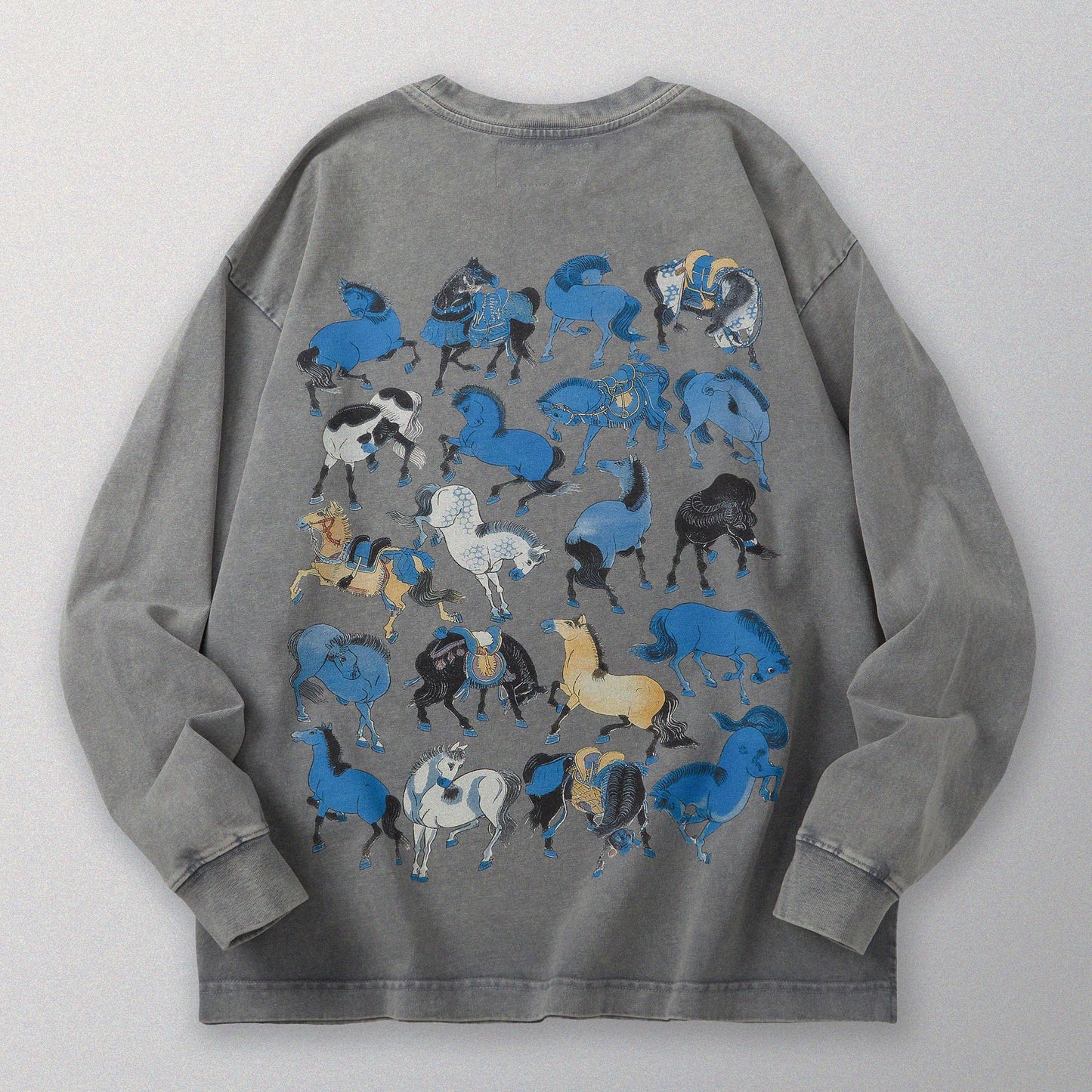 【勝つい戦馬】Ukiyo - e Horse Pattern Long Sleeves T-Shirt (Grey) - Full House Denim & Workshop