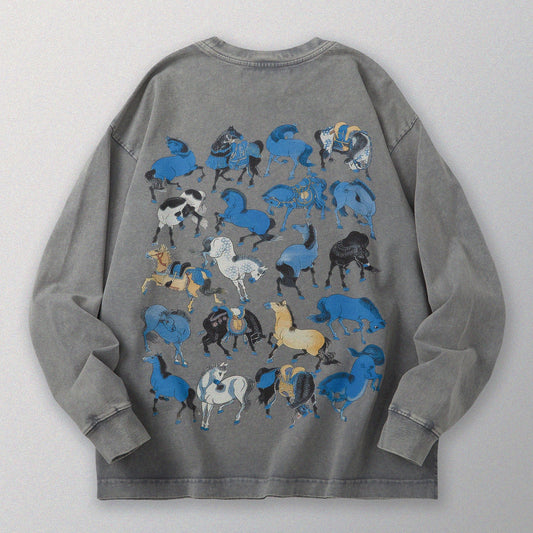 【勝つい戦馬】Ukiyo - e Horse Pattern Long Sleeves T-Shirt (Grey) - Full House Denim & Workshop