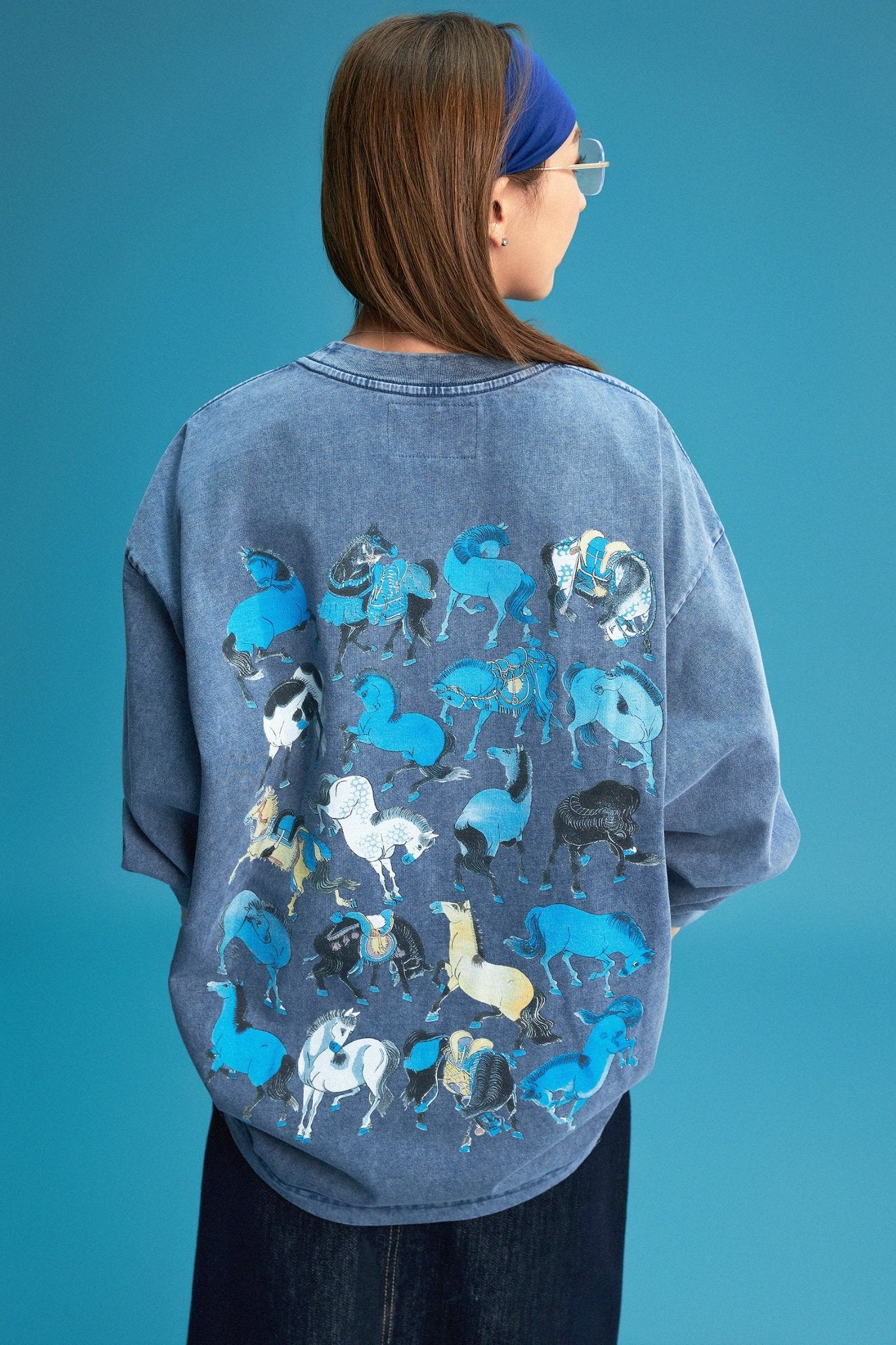 【勝つい戦馬】Ukiyo - e Horse Pattern Long Sleeves T-Shirt (Indigo) - Full House Denim & Workshop