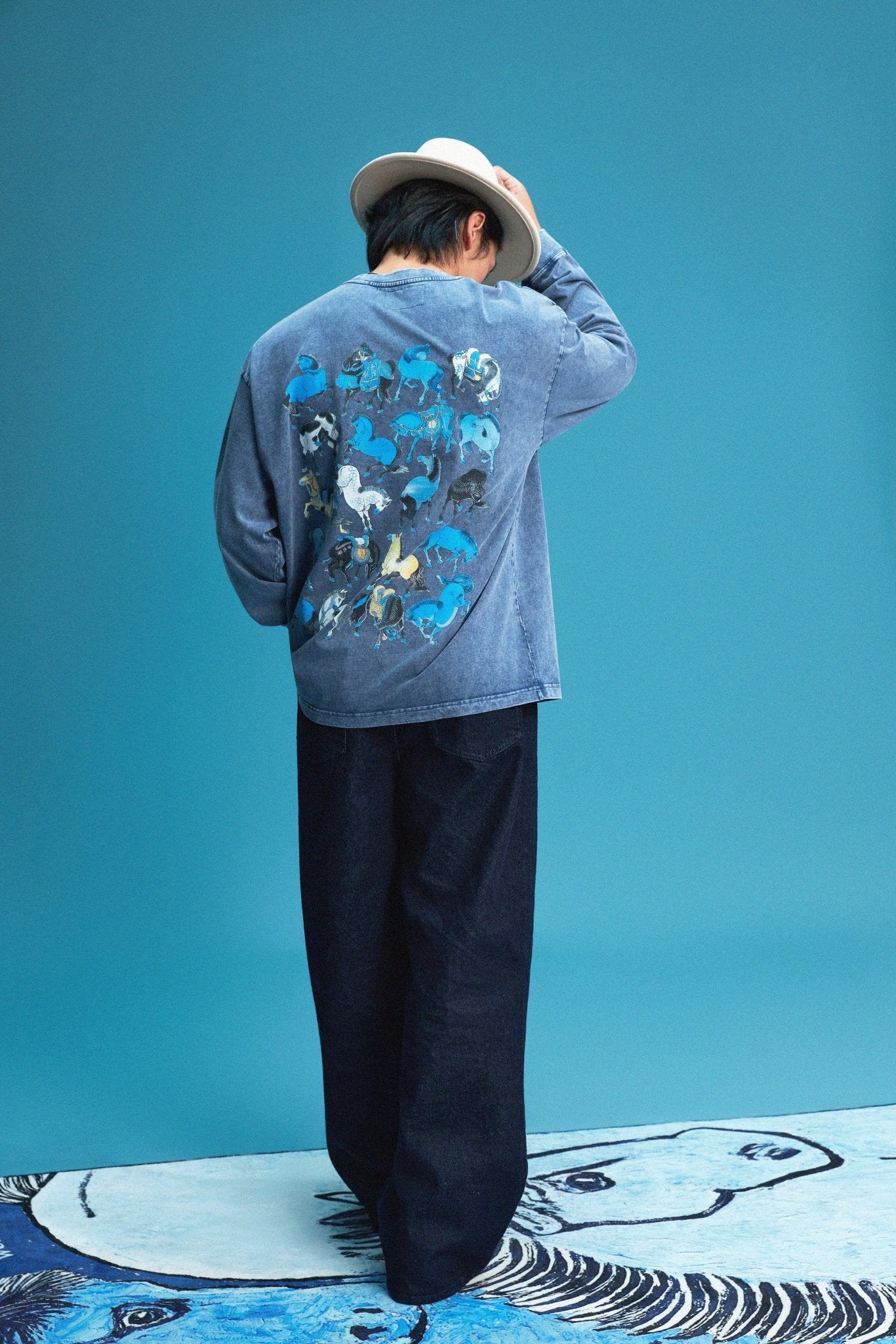 【勝つい戦馬】Ukiyo - e Horse Pattern Long Sleeves T-Shirt (Indigo) - Full House Denim & Workshop