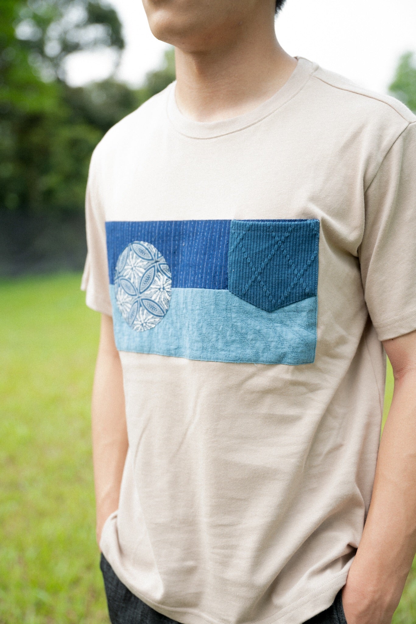Indigo Patchwork Pocket Tee 【限定品】ブルー染めパッチワークポケットTシャツ
